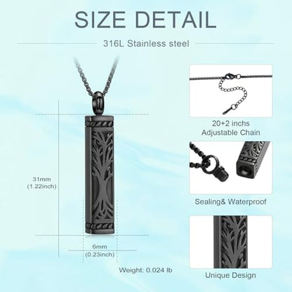 Tree of Life Urn Necklace, Stainless Steel Memorial Ashes Pendant | Tree of Life Cremation Jewelry Stainless Steel Locket Vertical Bar Keepsake Necklace Jewelry for Women Men Human Ashes - color: Black