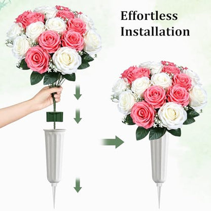 Lewondr Artificial Cemetery Flowers with Vase for Grave, Pink Roses, 2 Pack - color: White+pink