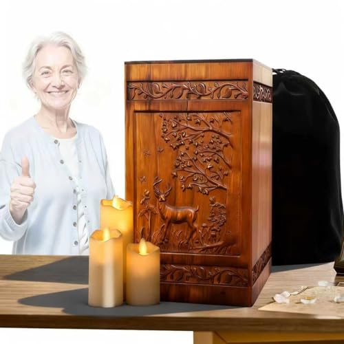 Wooden Urn for Ashes Adult Male Female,Decorative Burial Funeral Memorial Urn, Burial Casket Keepsake with Velvet Bag (Brown, 10, Deer)