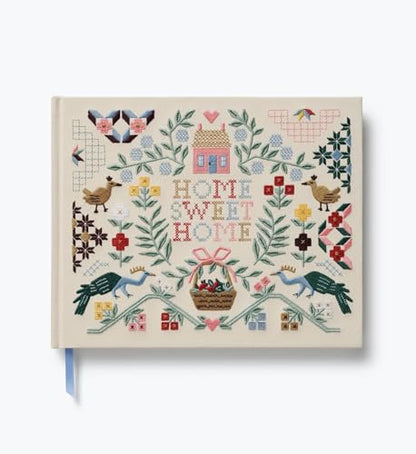 RIFLE PAPER CO. Home Sweet Home Embroidered Guest Book, Decorative Keepsake | 8" L x 5.75" W, 144 Lined and Blank Pages, Grosgrain Ribbon Bookmark, Lay-Flat Binding, Cloth Cover, Acid-Free Paper - color: Home Sweet Home