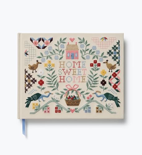 RIFLE PAPER CO. Home Sweet Home Embroidered Guest Book, Decorative Keepsake | 8" L x 5.75" W, 144 Lined and Blank Pages, Grosgrain Ribbon Bookmark, Lay-Flat Binding, Cloth Cover, Acid-Free Paper - color: Home Sweet Home