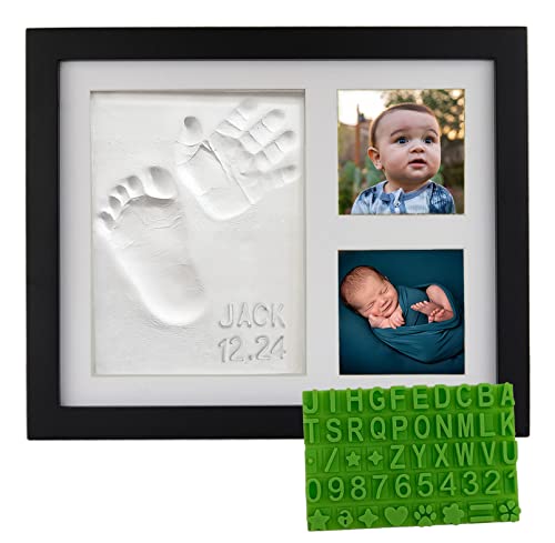 Baby Hand & Footprint Clay Keepsake Photo Frame Kit - w/Silicone Stencil for a Personalized Gift. Wood Frame, Wall/Table Mount. Perfect Registry, Baby Shower, New Mom, Birthday & Newborn Gift - Black - color: Black