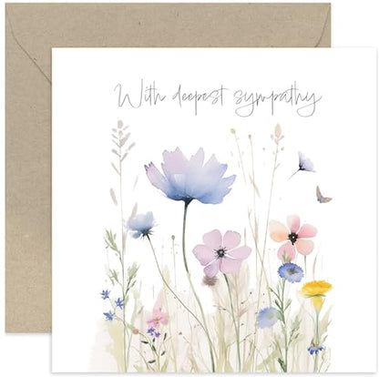 Old English Co. 'With Deepest Sympathy' Condolences Greeting Card for Loved Ones - Watercolour Flower Meadow Butterfly Sympathy Card - Thinking of You Card for Men and Women | Blank Inside Envelope