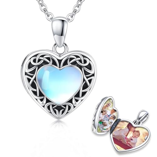Locket Necklace for Women 925 Sterling Silver Celtic Locket Pendant Necklace Moonstone/Turquoise/Black Agate Heart Shaped Locket Necklace Jewelry Gifts for Women - style: Moonstone