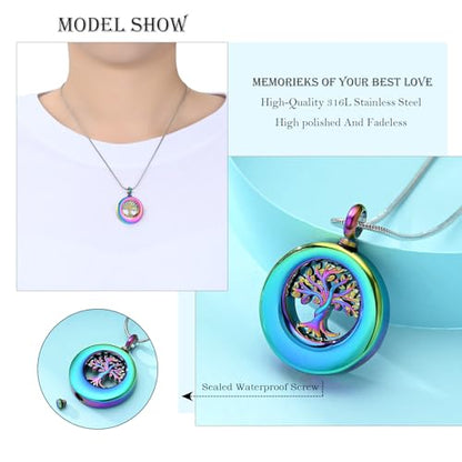 Hearbeingt Tree of Life Urn Necklaces for Ashes Circle Cremation Jewelry - color: A-Colorful