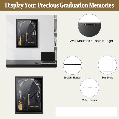 IHEIPYE Large Black Graduation Shadow Box Frame 2P Wall Mounted Lockable | Keepsake Display Case, UV-Protective Doorr, Holds Cap, Gown, Diploma, Tassel, Medals, All Graduation Memorabilia - size: Large-Black-2P