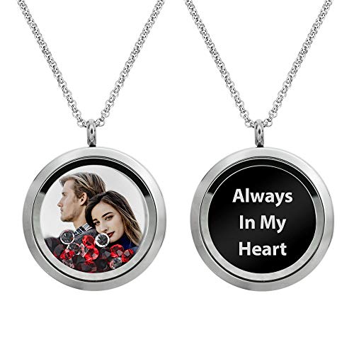 Personalized Color Photo Laser Engraved Text Message Floating Locket Crystals Pendant Necklace Handmade f/Birthday Anniversary Christmas Valentine Day Gift - color: Red - Color Photo Printing + Message Engraving