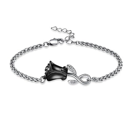 Rose Flower Ashes Bracelet for Women Cremation Memorial Jewelry - color: Black
