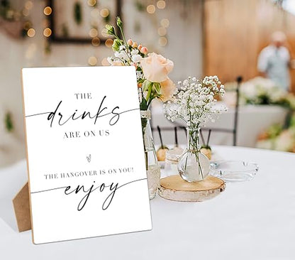 The Drinks Are On Us - Wedding Signs for Reception, 8×11" Minimalist Wooden Table Sign With Stand Wedding Bar Sign for Bridal Shower, Engagement, Wedding Shower Decorations, 02 - style: The Drinks Are On Us 02
