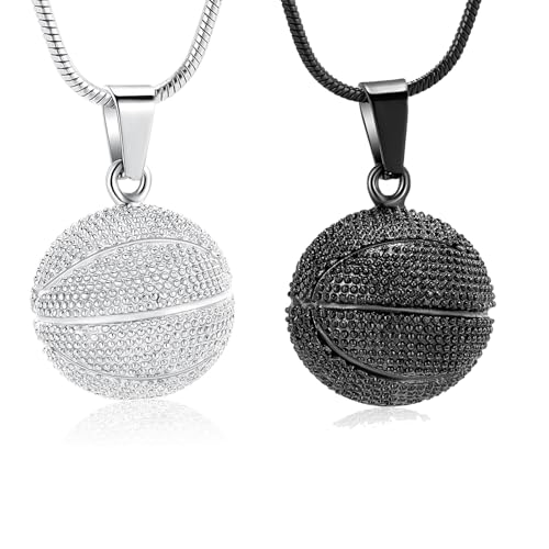 Basketball Urn Necklace for Ashes Sport Cremation Jewelry Stainless Steel Football Memorial Necklaces Ash Holder for Human Pets Keepsake Jewelry for Sport Lover Men with Fill Tool - color: 2pc Silver+Black