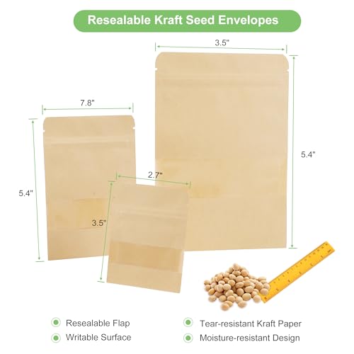 150 Seed Envelopes 2 Sizes, Resealable w/Window Self-sealing | 90S + 60L Kraft Envelopes. Clear window, Dustproof & Reusable, Tear-resistant, for Seeds, Jewelry, Herbs - size: Small + Medium (2.8 x 3.5" + 3.5 x 5.4")
