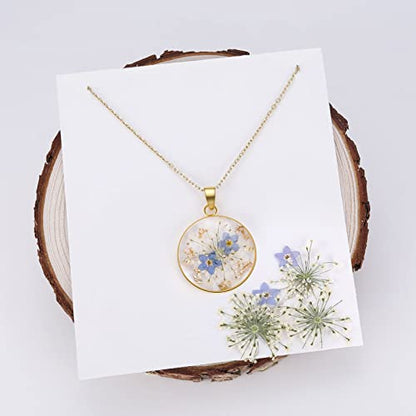 AUNTESIGN Forget-Me-Not and Queen Anne's Lace Pressed Wildflower Necklace | Birth Month Flowers Necklace | Gold/Silver Pressed Flower Jewelry | Mother's Day | Gift For Her - color: Forget-Me-Not and Queen Anne's Lace