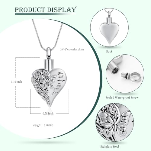 Love Heart Cremation Jewelry Urn Necklaces Butterfly Urn Necklaces for Ashes Memorial Keepsake Pendant for Women Men Gifts With Funnel Kit & Bag - color: Silver+Black