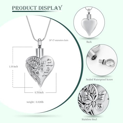 Love Heart Cremation Jewelry Urn Necklaces Butterfly Urn Necklaces for Ashes Memorial Keepsake Pendant for Women Men Gifts With Funnel Kit & Bag - color: Silver+Black