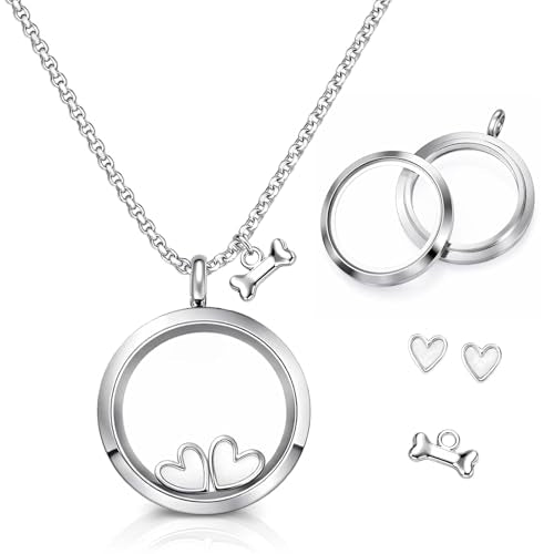 Pet Fur Keepsake Necklace, Stainless Steel Pet Urn Necklace Transparent Glass Dog Ashes Necklace with Heart and Bone Charms for Women Men Cat Dog Animal Lover Memorial Gifts