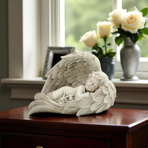 Sleeping Angel Figurine in Wings, Resin Guardian Angel Decor, 7.87 Inch | Hand-painted resin guardian angel with sculpted wings for shelves, bedside tables and comforting gifts for women