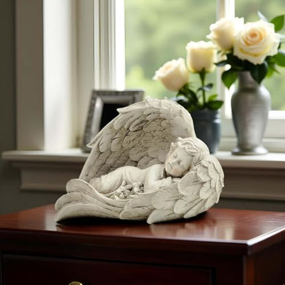 Sleeping Angel Figurine in Wings, Resin Guardian Angel Decor, 7.87 Inch | Hand-painted resin guardian angel with sculpted wings for shelves, bedside tables and comforting gifts for women