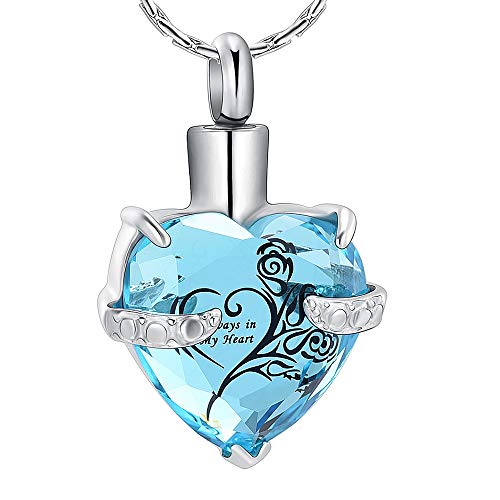 constantlife Crystal Heart Shape Cremation Jewelry Memorial Urn Necklace for Ashes, Stainless Steel Ash Holder Pendant Keepsake with Gift Box Charms Accessories for Women - color: Silver + Light Blue