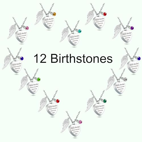 Gredstar Heart Urn Necklace for Ashes, ECG Memorial Pendant | Heartbeat Line, Angel Wing, 12 Birthstones, Stainless Steel, Screw Closure, Funnel & Box Included - style: Brother