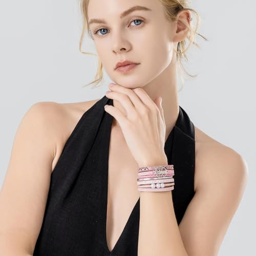 Tree of Life Inspirational Leather Wrap Bracelets Boho Western Cowgirl Cuff - color: Pink
