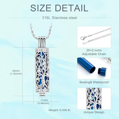 Tree of Life Urn Necklace for Women Men Cylinder Bar Memorial Ash Pendant | Tree of Life Cremation Jewelry,Stainless Steel Keepsakes Necklaces,Vial Ashes Pendant - color: Silver-Blue