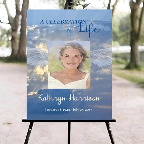 Angel in the Clouds Funeral Welcome Sign, Celebration of Life Welcome Sign, in Loving Memory Sign, Celebration of Life Funeral Sign, Celebration of Life Sign, Memorial Sign with Photo #Yn23 - color: Version #23