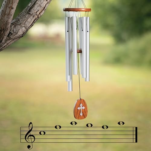 Woodstock Chimes Cross Wind Chime for Outside, Garden, Patio, Porch and Outdoor Decor (25'') Silver Amazing Grace Medium (AGMCR)