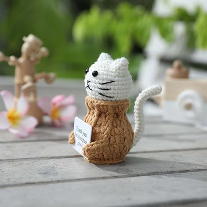 Positive Crochet Animals Cat – “You are Pawsome” Valentines Day Gifts for Him Her Boyfriend Girlfriend Women Teens, Emotional Support & Cheer Up Present, Teacher Appreciation, Birthday Gift - color: Cat-white-awesome