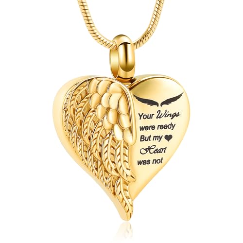 Love Heart Cremation Jewelry Urn Necklaces Wing Urn Necklaces for Ashes Memorial Keepsake Pendant for Women Men Gifts With Funnel Kit & Bag - color: Gold