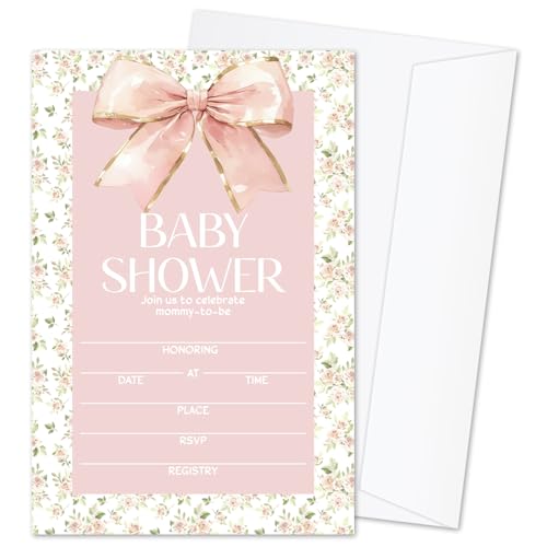 Floral Bow Baby Shower Invitations for Girls, Baby Announcement Invite Cards, 25 Set of Fill-in Baby Shower Invites with Envelopes, Gender Reveal Party Supplies -B01 - color: Floral Bow