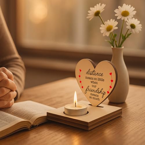 Heart Shaped Wooden Tealight Candle Holder, Long Distance Friendship Gift, Inspirational Quote Candle Holder for Best Friend, Birthday, Christmas, Farewell Candlestick Holders SLZ17 - color: I Was Strong