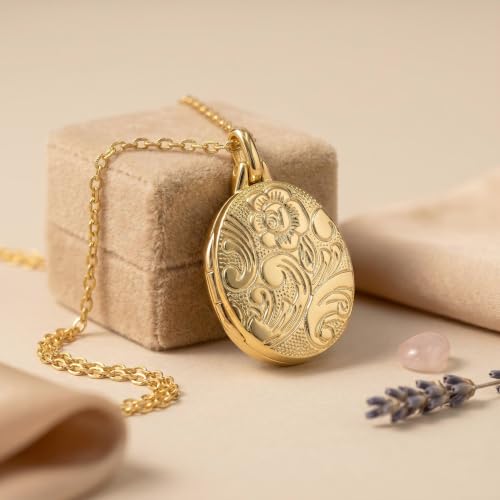 YOUFENG Love Heart Locket 14K Gold-Filled Oval Circle Rectangle Lockets that Hold Pictures Floral Patterns Necklace for Women - color: GoldOval