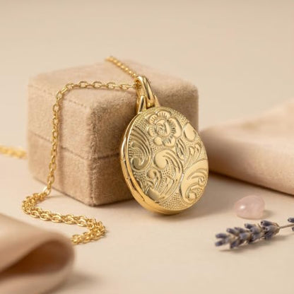 YOUFENG Love Heart Locket 14K Gold-Filled Oval Circle Rectangle Lockets that Hold Pictures Floral Patterns Necklace for Women - color: GoldOval