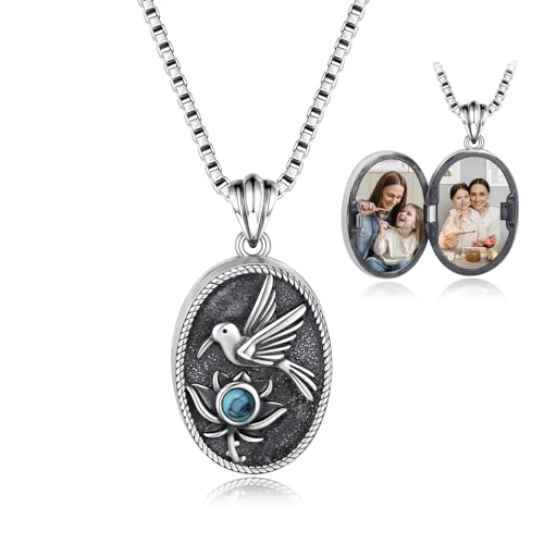 925 Sterling Silver Oval Turquoise Lockets Pendant that Holds Pictures Vintage Jewelry Memorial Gifts for Women - style: Hummingbird