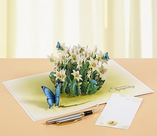 CUTPOPUP Sympathy Card, with Deespest Sympathy Pop Up Greeting Card Loss of Pet, Mom, Mother, Father, Dad, Child, Grandma, Blank Note Cards with Envelope (Butterflies Lily) SD256US - color: Sympathy Lily Butterflies-6x8in