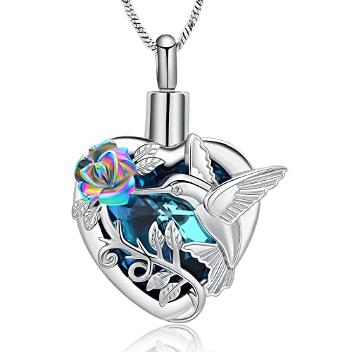 Yinplsmemory Hummingbird Cremation Jewelry Crystal Heart Urn Ashes Necklace for Women Men Memorial Keepsake Necklace of Loved One - color: Blue-Rainbow