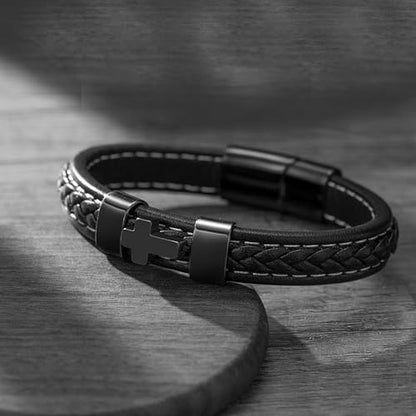 RIPFEVURN Cross Cremation Jewelry Black Urn Bracelet for Ashes for Women Men Memorial Ashes Leather Cuff Bangle Bracelet