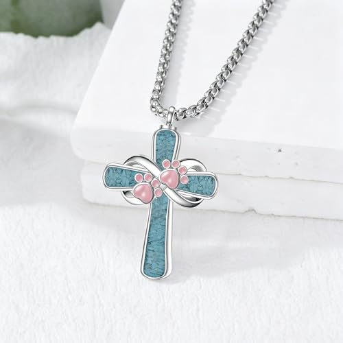 Turquoise Cross Urn Necklaces for Human Ashes 925 Sterling Silver Urn Necklaces Cremation Keepsake Memorial Pendant Necklace for Ashes for Loved One Human Pet - style: Paw Print&Pink-Text