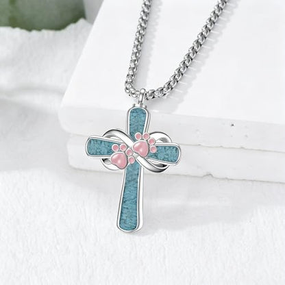 Turquoise Cross Urn Necklaces for Human Ashes 925 Sterling Silver Urn Necklaces Cremation Keepsake Memorial Pendant Necklace for Ashes for Loved One Human Pet - style: Paw Print&Pink-Text
