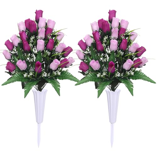 Lodou Artificial Cemetery Flowers,Outdoor Grave Decorations Roses,Arrangements Bouquet with Cemetery Vase, Silk Flowers for Long-Lasting Remembrance (Purple) - color: Purple