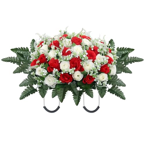 Headstone Flower Saddle,Large Artificial Cemetery Flowers for Grave,Cemetery Memorial Flowers for Outdoor Tombstone Decorations (Red White) - color: Red White