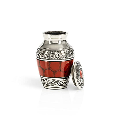 Small Keepsake Cremation Urns for Human Ashes with Velvet Heart Case and Funnel - Crimson : Deep Red Brass Hand Engraved Mini Memorial Urn - color: Red/Crimson Small Keepsake Urn