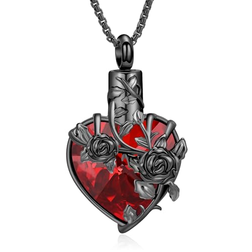 Rose Flower Cremation Urn Necklace for Ashes Heart Crystal Memorial Jewelry for Women Urn Keepsake Pendant Human Pet Memorial Locket Holder - color: Black (Red Stone)