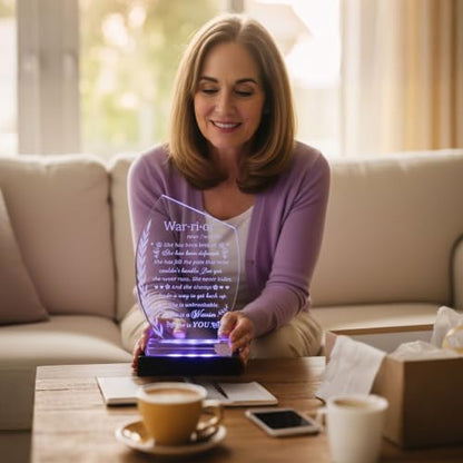 Inspirational Cancer Survivor Gifts for Women - Warrior She is You | Engraved Crystal Plaque Decor with Light Base, Cancer Fighter Patients Sympathy Gift for Woman Mom Friend Birthday Christmas - style: Cancer Survivor +Light Base