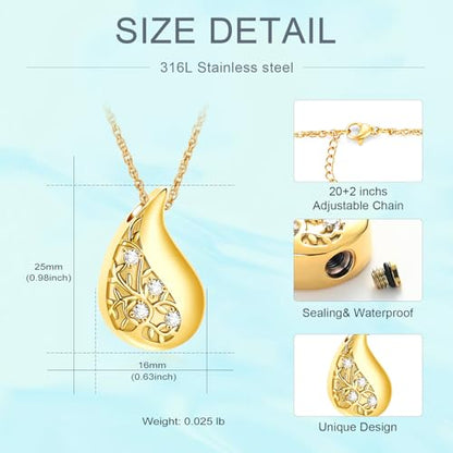 Tree of Life Teardrop Urn Necklace for Ashes Teardrop Crystal Cremation Jewelry Celtic knot Ashes Pendant Stainless Steel Keepsake Memorial Jewelry for Women Men - color: Gold