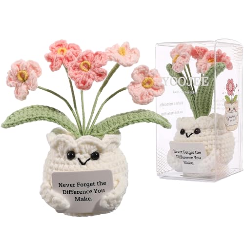 Crochet Forget Me Not Flower Gift – Thank You Gift for Women with Card “Never Forget the Difference You Make”, Appreciation Gift for Teacher, Coworker, Nurse, Friend, Cute Desk Decor - color: E-never Forget the Difference - Pink