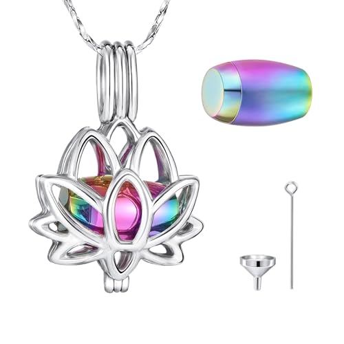 MeMeDIY Stainless Steel Urn Necklaces for Ashes Cremation Jewelry for Ashes Mini Keepsake Urn Memorial Ash Jewelry Lotus Flower Shape Urn Necklace Engraved Text - color: A4: Silver + Colorful