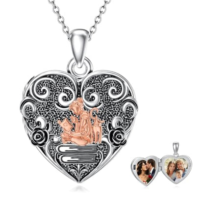 Midari Personalized Heart Locket Necklace That Hold 2 Pictures 925 Sterling Silver Oxidized Photo Necklace Memory Custom Photo Lockets Necklaces Jewelry Gifts for Family Women Lover Mom Dad - color: Book Lover, style: Locket Only