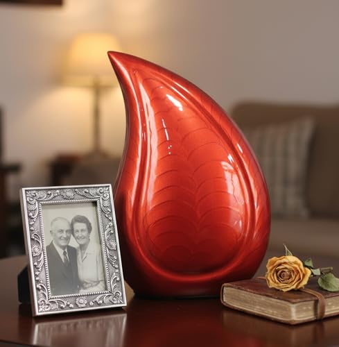 eSplanade Metal Cremation Urn Memorial Jar Pot Container | Full Size Embossed Urn for Ashes Funeral Burial | Teardrop Metal Urns | Red Fire - 10" Inches