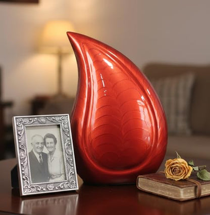 eSplanade Metal Cremation Urn Memorial Jar Pot Container | Full Size Embossed Urn for Ashes Funeral Burial | Teardrop Metal Urns | Red Fire - 10" Inches